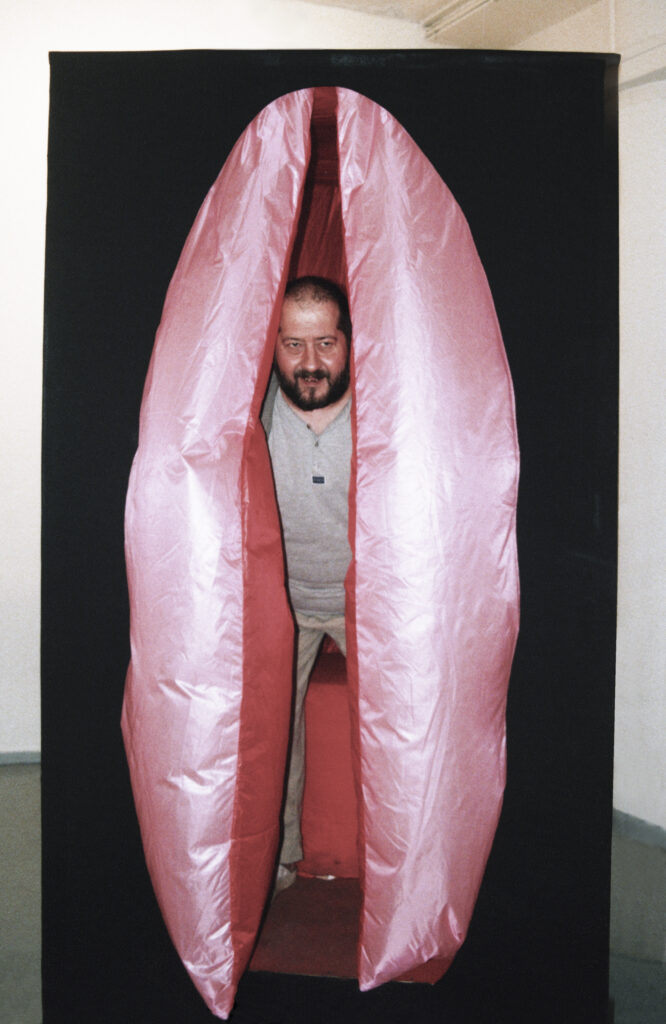 Irina Nakhova, Stay With Me, Womb Box, Interactive installation view, 2003. When viewer sits in Box, parachute silk inflates and woman's voice plays over