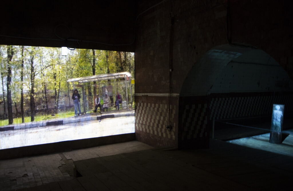 Irina Nakhova, RAI, installation view, Bus Stop and Tunnel 1, video, print on polycarb 2014