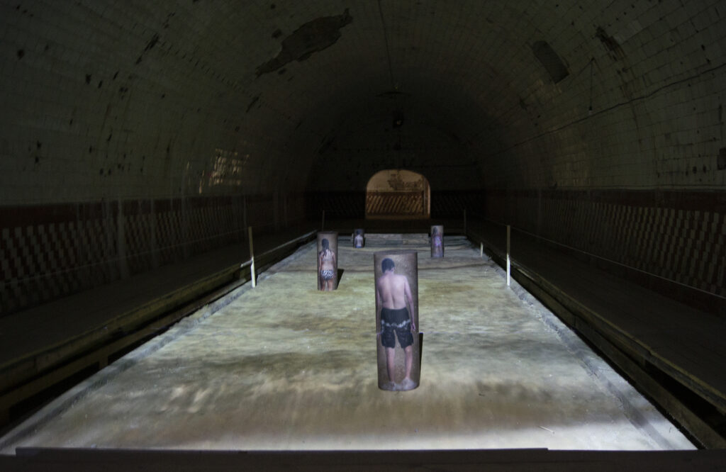 Irina Nakhova, RAI, installation view, Tunnel 7, video projection, printed vinyl mounted to polycarbonate, 2014