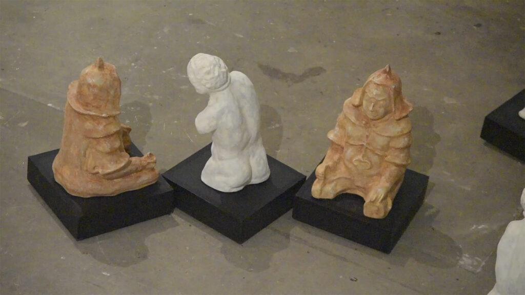 Irina Nakhova, Battle of the Invalids, installation view detail, paper, board, electronics, tape, video, 2019