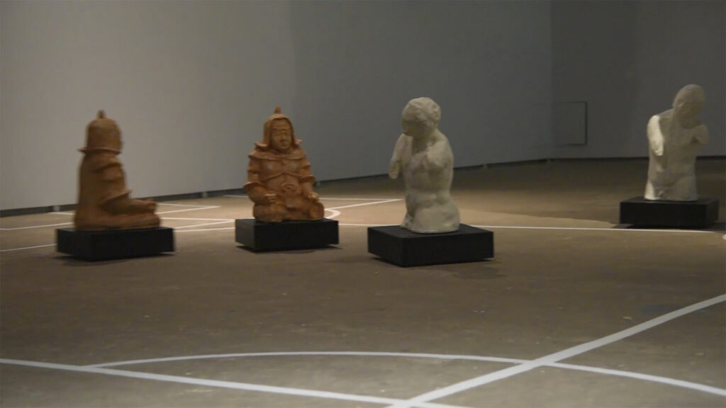 Irina Nakhova, Battle of the Invalids, installation view detail, paper, board, electronics, tape, video, 2019