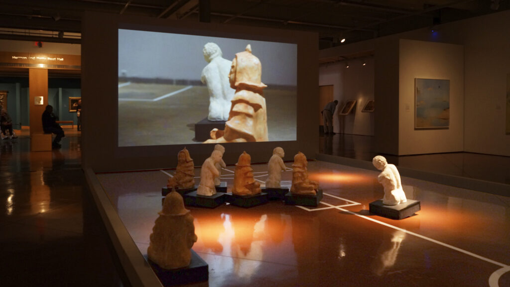 Irina Nakhova, Battle of the Invalids, installation view detail at Zimmerli Art Museum, New Brunswick NJ, paper, board, electronics, tape, video, 2020