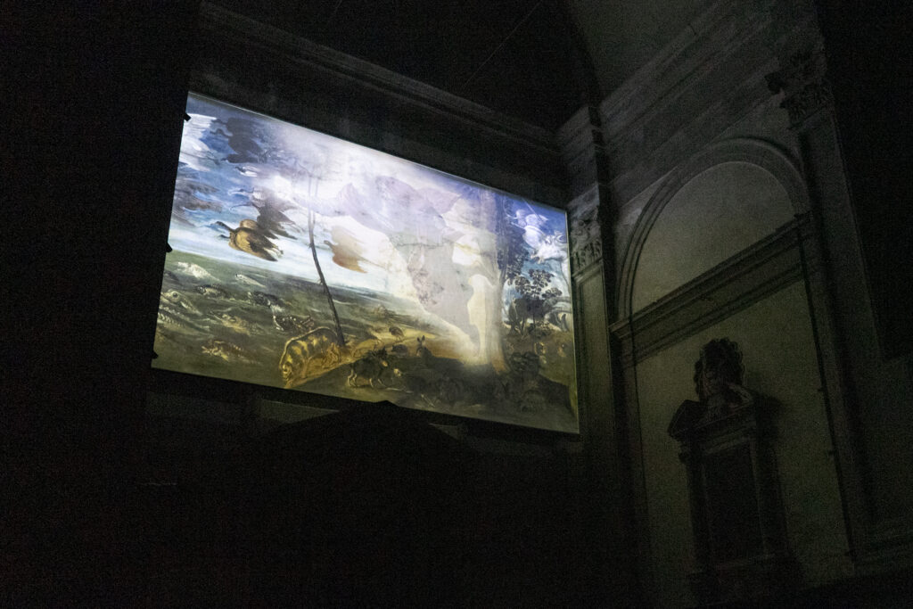 Irina Nakhova, Creation of the Animals, video projected on church wall, installation view, 2019